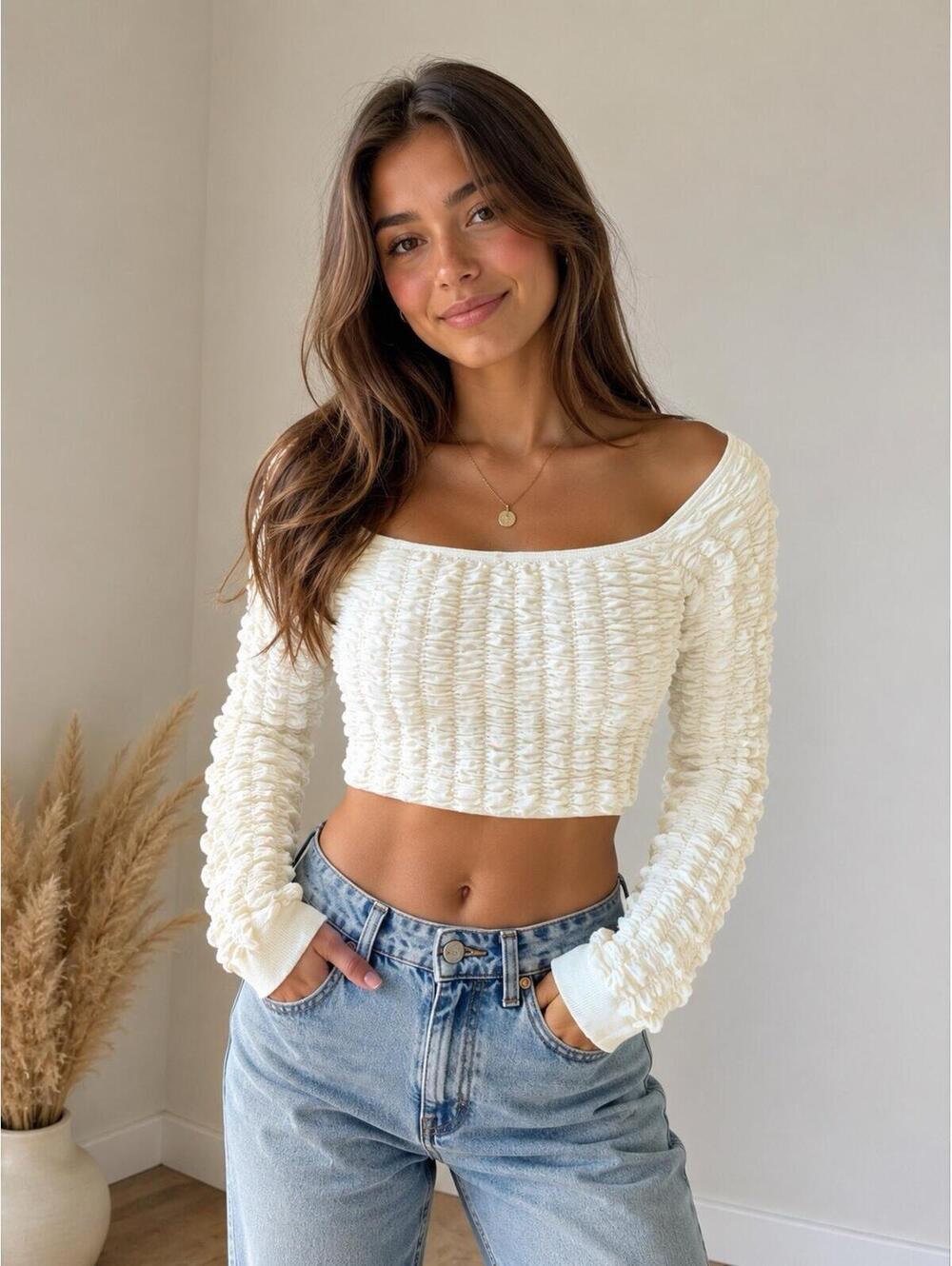 Anthropologie Women’s Off The Shoulder Beige Seamless Smocked Crop Top X/Xl